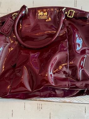 Used Coach Patent Leather Tote — Deep Wine